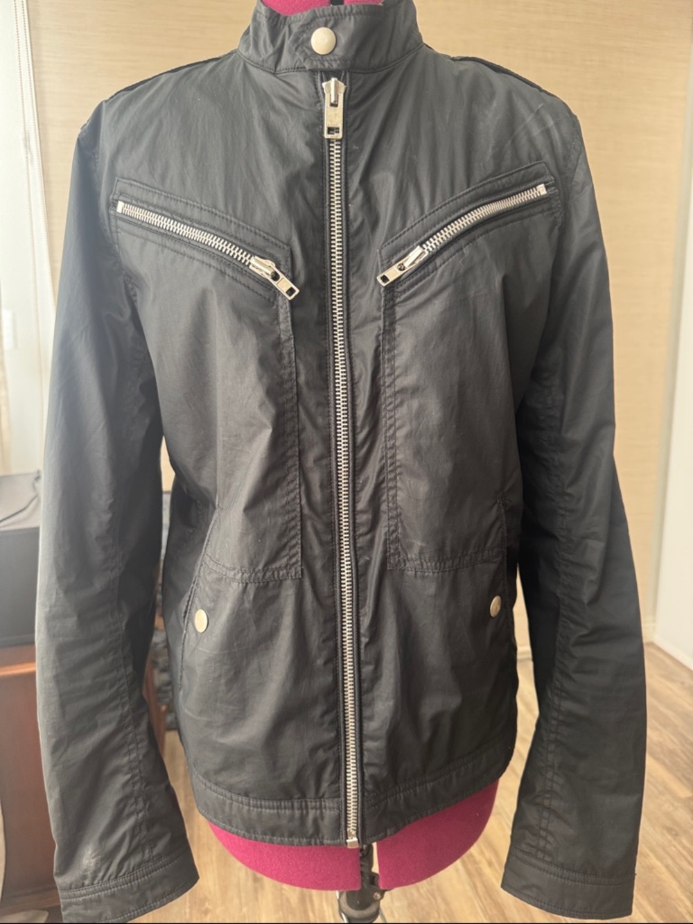 Diesel Black Moto Jacket Coated Cotton Café Racer Zip Mens